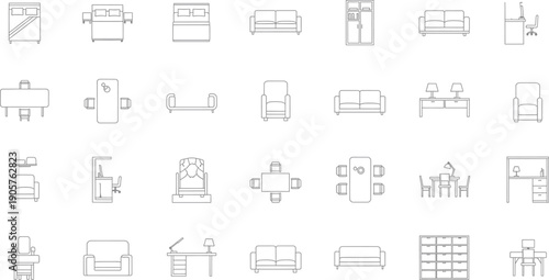 A collection of 2d architectural blueprints and floor plans isolated on transparent background