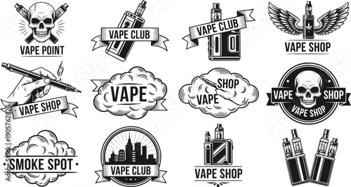 Detailed black-and-white vector set featuring 12 vape emblems including electronic cigarettes, vapor clouds, shop logos, and skull motifs