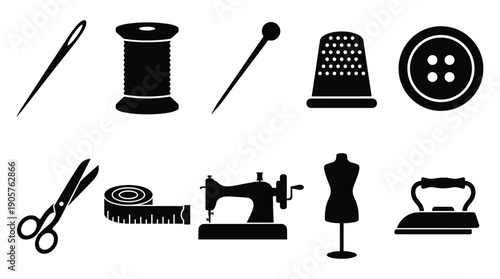 Sewing and tailoring tools and equipment icons in black and white
