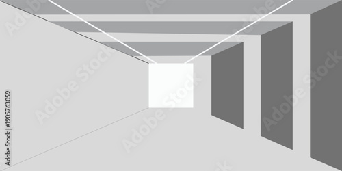 Abstract interior corridor with geometric perspective, minimalist architecture and linear design, modern background with depth, light, and clean spatial composition.