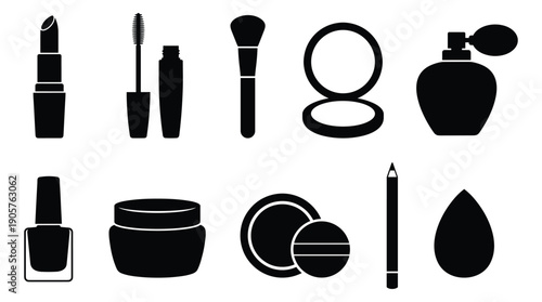 Black Silhouettes of Makeup and Beauty Products on White Background