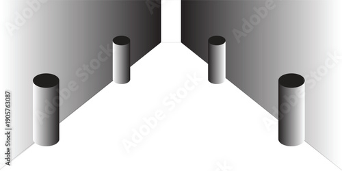 Abstract interior space with cylindrical columns, strong perspective and minimalist geometry, modern architectural design on a clean background with depth and symmetry.