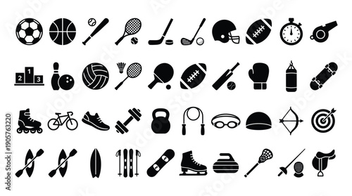 Collection of various sports equipment and fitness icons in black and white