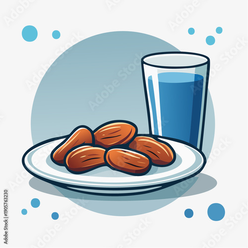 Almonds and glass of water on a plate, viewed from directly above, in a simple illustration style