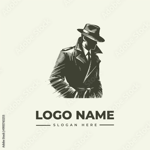 A monochromatic illustration of a man in a fedora and trench coat with a placeholder logo name and slogan on a cream background.