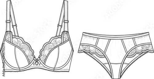 Technical Fashion Illustration of Matching Lace Lingerie Set with Bra and Panties, Showing Design Details, Stitching, and Craftsmanship