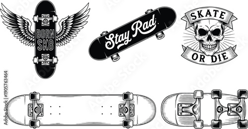 Detailed black-and-white vector set featuring 5 skateboard illustrations including technical decks, winged graphics, and "Skate or Die" emblems
