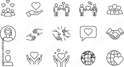 Detailed black-and-white vector icon set featuring 15 symbols for empathy, global charity, community support, and interpersonal connection