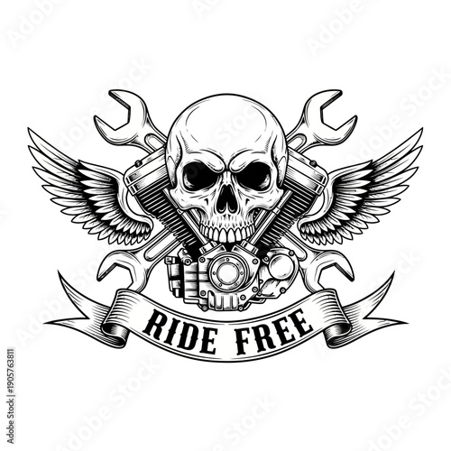 Skull with Motorcycle Engine and Wings Ride Free Emblem.