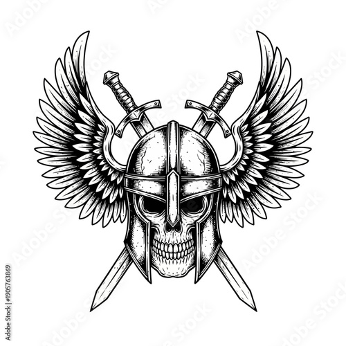 Viking Skull with Helmet, Swords, and Wings Tattoo Design.
