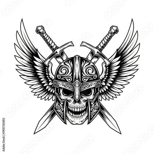 Viking Skull with Wings and Crossed Swords Tattoo Design.
