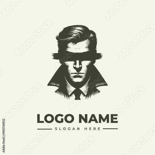 A monochromatic illustration of a man's face with a blindfold, rendered in a vintage engraving style, with a logo and slogan text on a cream background.