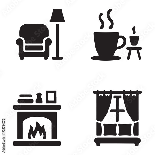 Cozy corner home relaxation warm drink silhouette vector illustration with coffee cup and chair concept