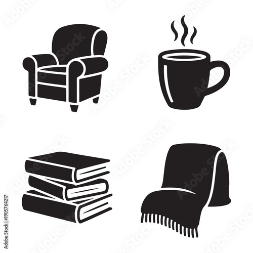 Cozy corner peaceful home comfort silhouette vector illustration with relaxing interior concept