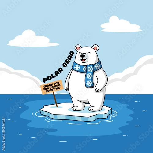 Joyful polar bear with snowflake scarf on floating ice floe and a sign with a message Illustration for International Polar Bear Day, February 27th.