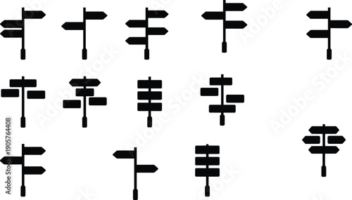 Black direction signpost icon set, road sign arrows vector collection for navigation, wayfinding, destination markers, travel maps, street signage silhouettes