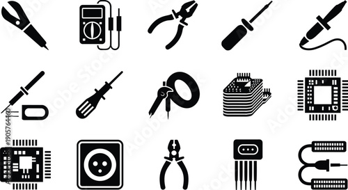 Black electronics tools and components icon set, soldering iron, multimeter, pliers, screwdriver, PCB, microchip, probes, connectors, cable, circuit symbols, vector icons for technical manuals