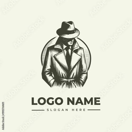 A vintage-style logo illustration of a man in a fedora and trench coat, presented in a circular frame with a woodcut aesthetic, featuring a placeholder logo name and slogan.