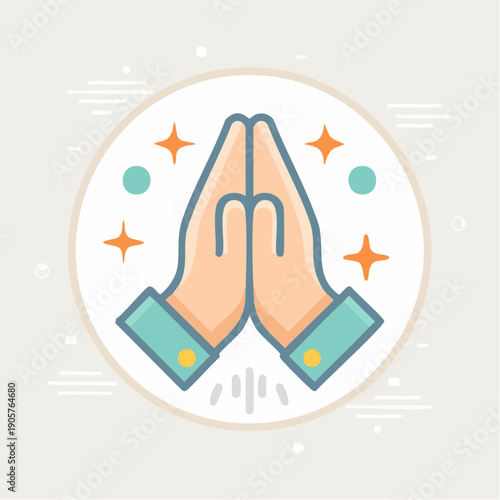 Prayer Hands Surrounded by Stars and Circles in a Circular Frame