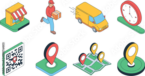 Fast delivery service isometric icons set with courier, delivery van, shop, QR code, location pin and express shipping concept