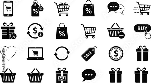 Comprehensive black silhouette vector set featuring 24 e-commerce icons including shopping carts, discount tags, gift boxes, and mobile retail
