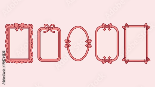 Set of five pink ornate vintage picture frames on a soft pink background, decorative wall art for photos, wedding keepsakes, and romantic home decor