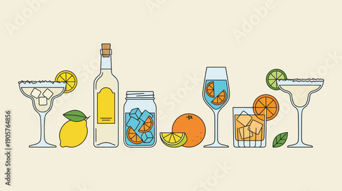Assorted cocktail glasses, bottles, and fresh citrus fruits in a playful vector illustration on a light beige background.