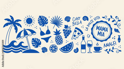 Blue tropical beach doodle featuring palm trees, sun, waves, sailboat, and a variety of fruits and drinks in a playful hand-drawn coastal scene