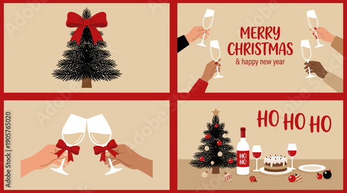 Festive Christmas collage with a tree, toasts, candles, and ho ho ho lettering for holiday celebration