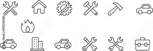 Home repair and maintenance line icon set vector, tools, house, gear, hammer, wrench, car service, toolbox, building, fire safety symbols
