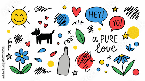 Whimsical doodle collage with sun, cow, flowers, leaves and playful speech bubbles celebrating love, nature and happiness in bright, hand-drawn style