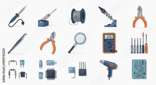 Essential electronics toolkit illustration featuring diverse soldering equipment, components, and measurement devices for tech enthusiasts and DIY projects