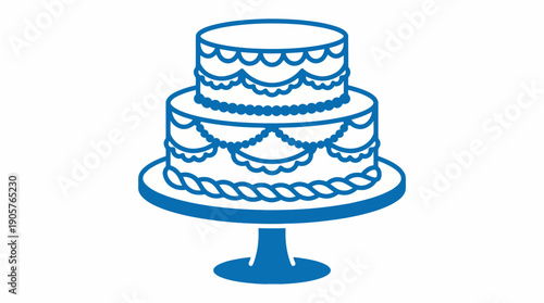 Blue three-tier cake illustration on a pedestal stand, line art vector icon for celebrations and desserts