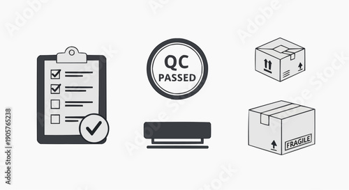 Quality Control and Shipping Icons Checklist, QC Passed Stamp, and Shipping Boxes