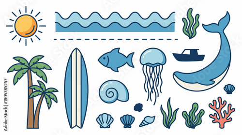 Bright tropical beach and sea life icons set featuring sun, waves, palm tree, surfboard, fish, dolphin, jellyfish, seashells, coral and boat