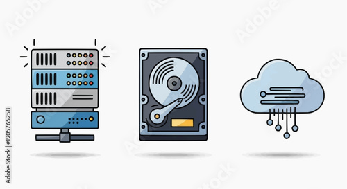Essential Digital Data Management and Storage Solutions Represented by a Server Rack, Hard Disk Drive, and Cloud Computing Infrastructure Icons