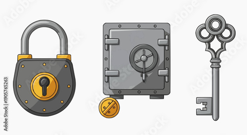 Set of vintage security elements featuring a sturdy padlock, a robust safe, and an ornate skeleton key, symbolizing protection for valuables and secure access