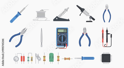 Professional electronic tools and components set for circuit repair, engineering, and DIY projects, including soldering iron, multimeter, pliers, resistors, and chips