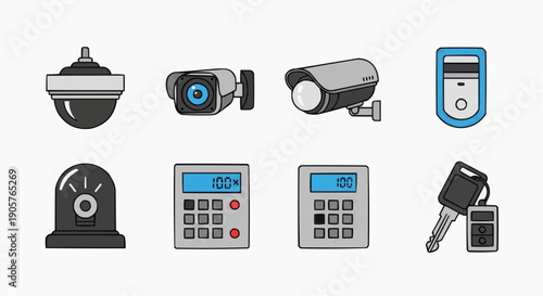 Collection of security system icons including cameras, alarms, and access control devices