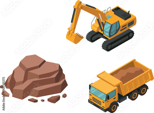 Isometric construction site illustration with excavator, dump truck and rock pile for mining, excavation and heavy machinery industry concept