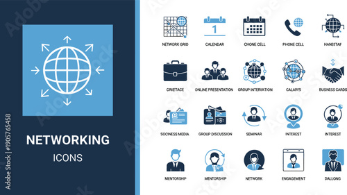 Comprehensive dual-tone vector set featuring 20 networking icons including global grids, mentorship profiles, group discussions, and business cards