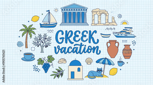 Vibrant Greek vacation illustration with iconic landmarks, blue and white scenery, beaches, boats and ancient ruins