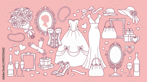 Pink fashion mood board collage featuring wedding dress, evening gowns, accessories, makeup, vanity items and couture details