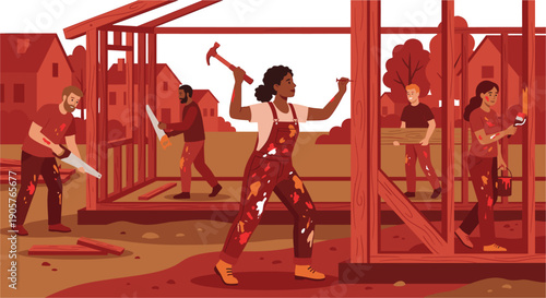 A vector illustration of construction workers building a house frame with tools and materials