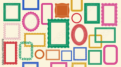Colorful assortment of empty picture frames in various shapes on a white background, creating a vibrant decorative collage.