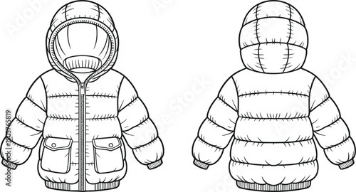Kids winter puffer jacket front and back view, hooded quilted coat technical fashion flat vector illustration