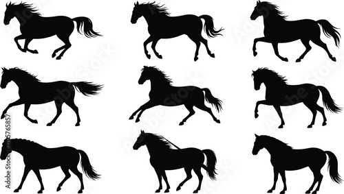 Collection of nine black horse silhouettes in various running and walking poses on a white background