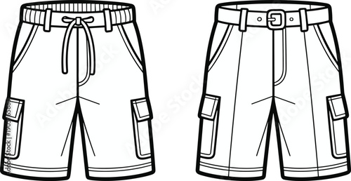 Men cargo shorts line vector illustration set, casual summer shorts with pockets and belt, fashion apparel outline drawing for