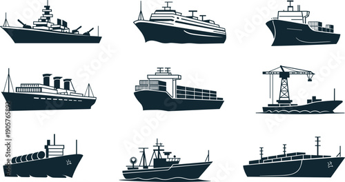 Marine ship silhouettes vector set with cargo ship, cruise liner, tanker, warship and industrial vessels in ocean transport theme