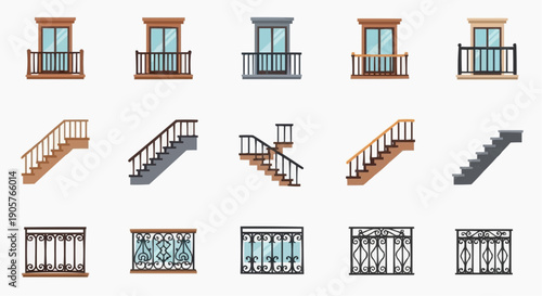 Collection of Illustrated Architectural Components Balconies, Stairs, and Railings for Modern Building Design and Residential Construction Projects